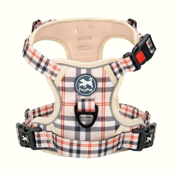 PoyPet Dog Harness,No-Pull Pet Harness with Easy Control Handle,Adjustable Reflective No-Choke Soft Pet Oxford Vest for Small Medium Large Dogs(Checkered Beige,M)