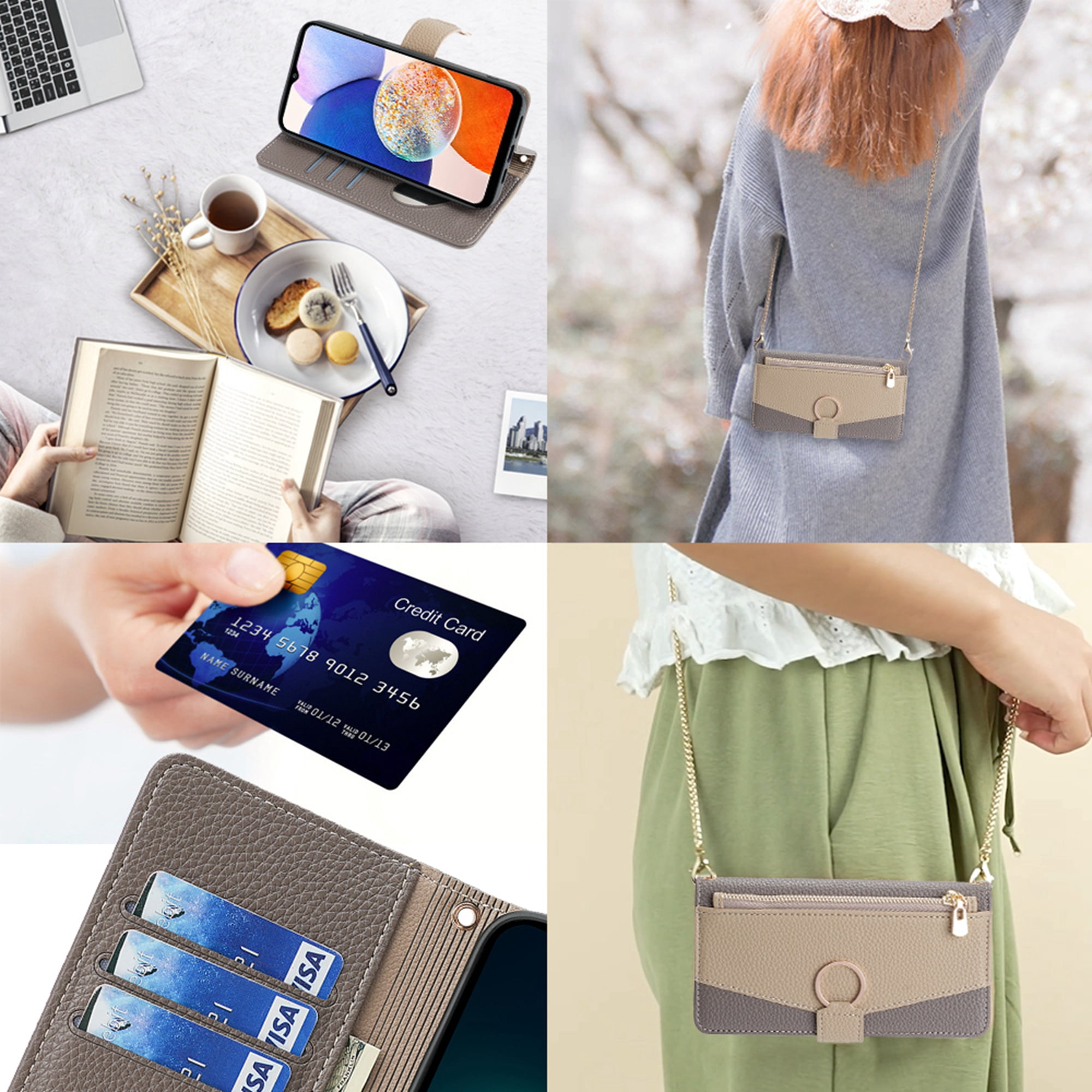Dteck Crossbody Wallet Case for Samsung Galaxy A35 5G, Bicolor PU Leather Zipper Purse with Card Holder Mini Make-up Mirror for Women Girls,Folio Flip Phone Case with Magnetic Closure,Gray