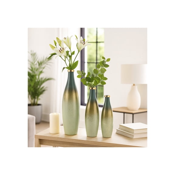 Tall Glass Vase Bottles for Home and Living Room Decor - Decorative House Accent for Dining Room, Bedroom, or Office - Contemporary Flower Vase for Table Decor - Set of 3, 21", 18", 16", Green