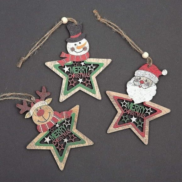 Lot De 3 Dcorations En Bois Suspendre Pour Sapin De Nol - Dcoration D'intrieur - Pre Nol, Renne, Bonhomme De Neige - 9 Cm