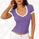 thumbnail image 4 of Camisas de Manga Corta para las Mujeres Blusas Casuales Cuello en V Color Sólido Plisado Primavera, 4 of 6