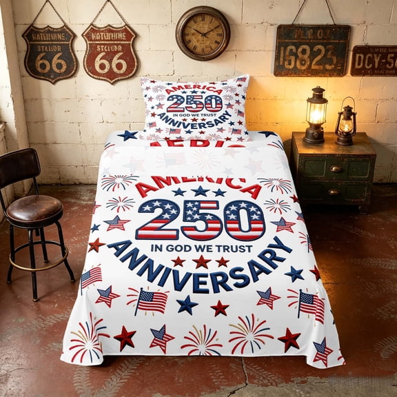 Manfei America 250 Anniversary Twin Sheets, Festival Fireworks Bedding, Red Blue White, Navy Reversible 3pcs (1 Flat Sheet, 1 Fitted Sheet and 1 Pillowcase)