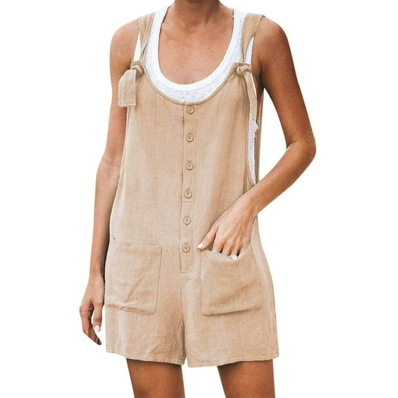 Cotton Linen Jumpsuits for Women Tie Knot Straps Short Rompers Sleeveless Shorts Wide Leg Jumpsuit Overalls with Pockets
