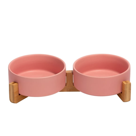 Spunkyjunky Cuenco De Cerámica Para Perros Y Gatos Con Soporte De Madera, Juego De Agua Y Comida Ponderada Con Esmalte Mate Antideslizante Para Gatos Y Perros Pequeños, 13,5 Onzas