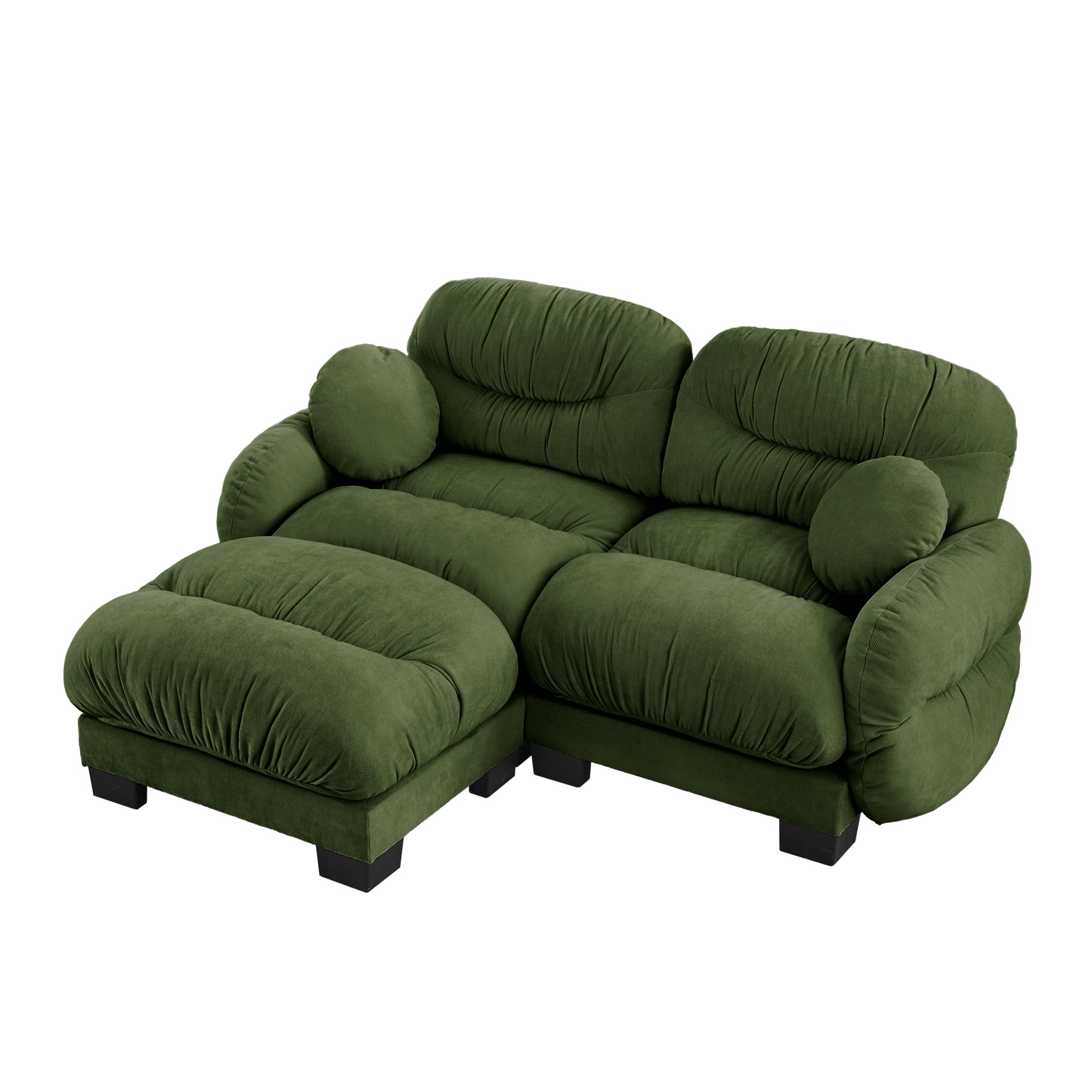 Noble House Corlan Pleated Chenille 2-Seater Sectional Sofa, Modular Deep Seat Couch with Ottoman and Throw Pillows, Green