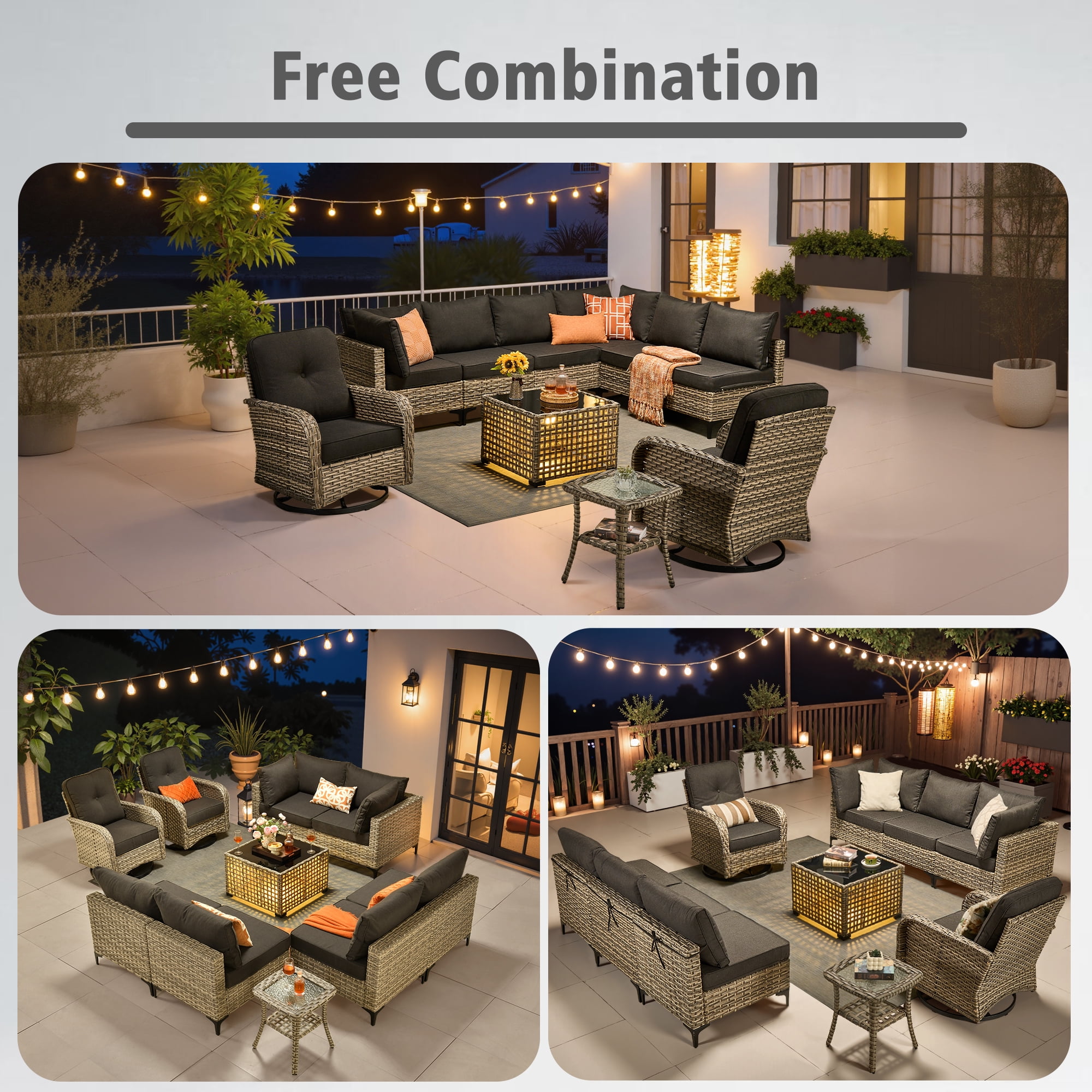 Ovios 10 Pieces Outdoor Patio Furniture All-Weather Wicker Sectional Conversation Set with Swivel Chairs & Solar Coffee Table, Black