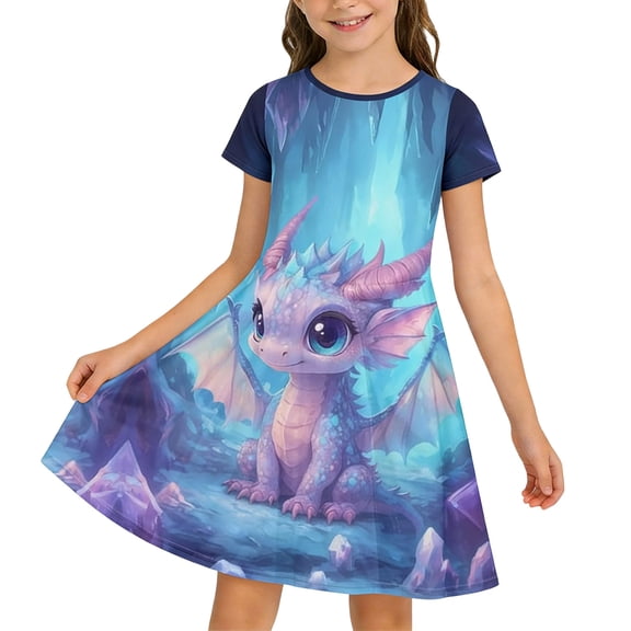 BOOMNY Girls Dress Short Sleeve Summer Midi Dresses for Girl Cartoon Dragon Graphic Lightweight Loose Fit Casual Beach Sundress