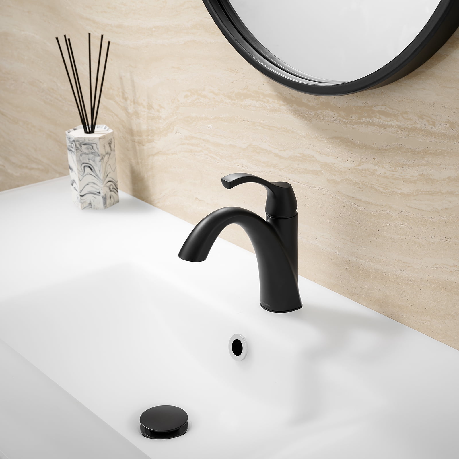 TimeArrow Bathroom Sink Faucet Matte Black, Single Handle Bathroom Faucet for 1 Hole with 3 Holes Deck Plate, Lavatory Vanity Faucet, Pop Up Drain and Water Supply Lines Included, TAF206-MB