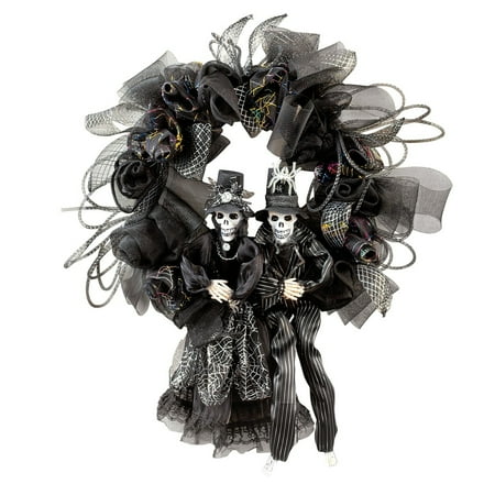 Halloween Door Wreaths Collections Etc. Scary Couple Halloween Wreath with Black Mesh, Silver Accents and Skeleton Couple ()