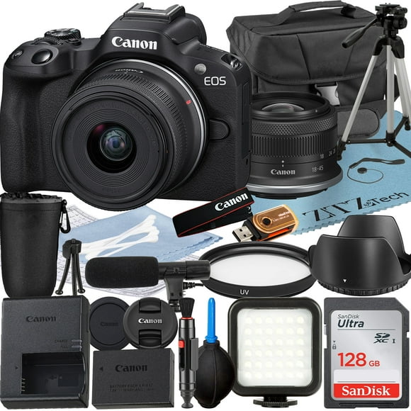 Canon EOS R50 Appareil Photo Hybride avec Objectif RF-S 18-45mm + Carte Mémoire SanDisk 128GB + Boîtier + Flash LED + Pack d'Accessoires ZeeTech