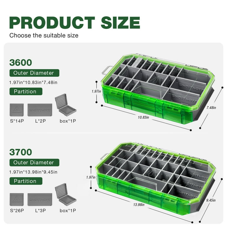 Ghosthor Plastic Fishing Tackle Box Organizer,Waterproof 3600 and 3700  Tackle Trays with Removable Partition,Fishing Lures/Bait/Gear Storage, 3700  2pcs - Walmart.com