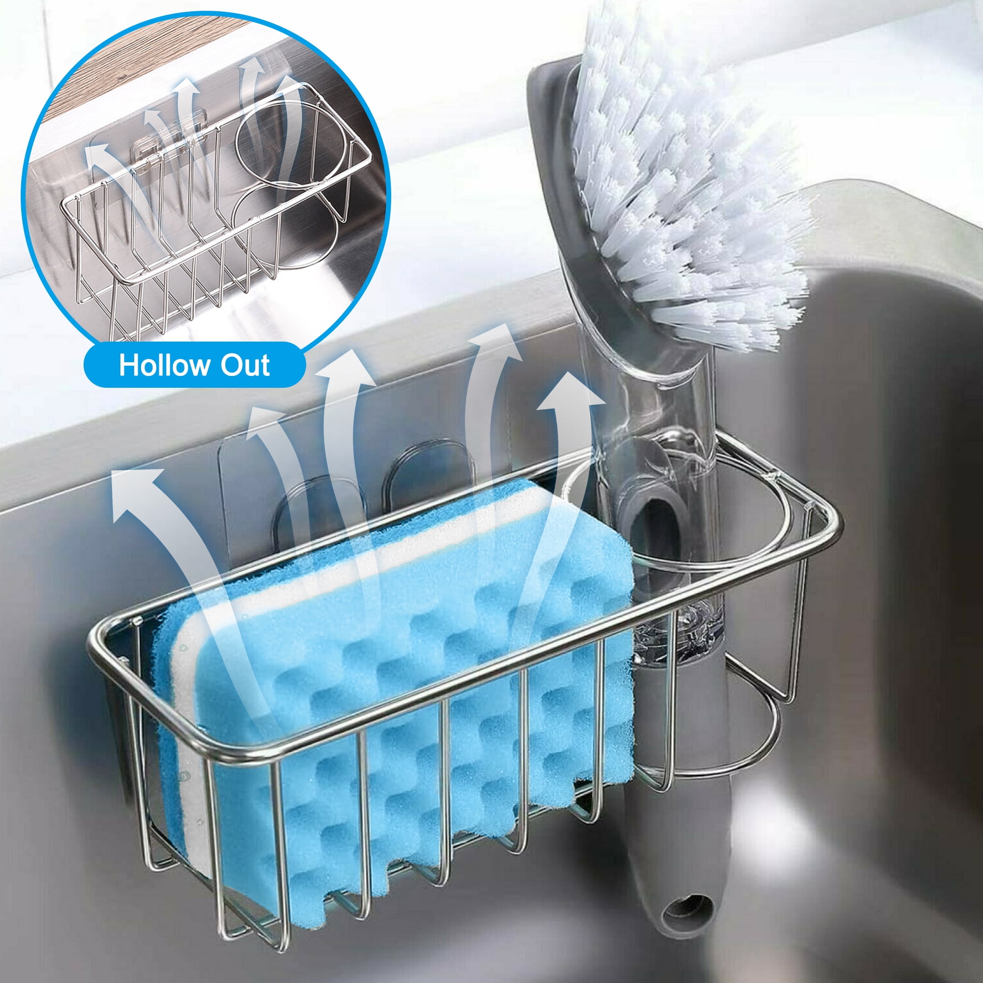 Aoibox 1 Pack Gray Sponge Holder for Kitchen Sink Adhesive Sponge Caddy Shower Shelf with Hooks Stuck No Drilling
