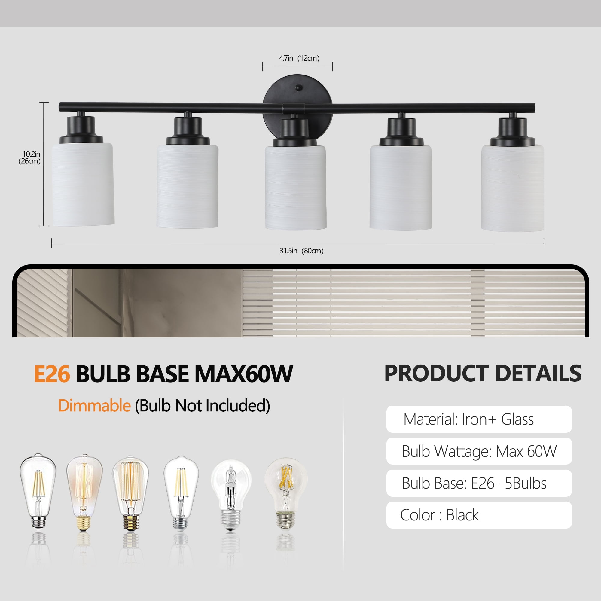 31" 5-Light Vanity Mirror Light - Bathroom & Makeup Wall Sconce for Bedroom, Dressing Room – Frosted White Glass, Black Iron Frame (Bulb Not Included | Model: L001010-W5B)