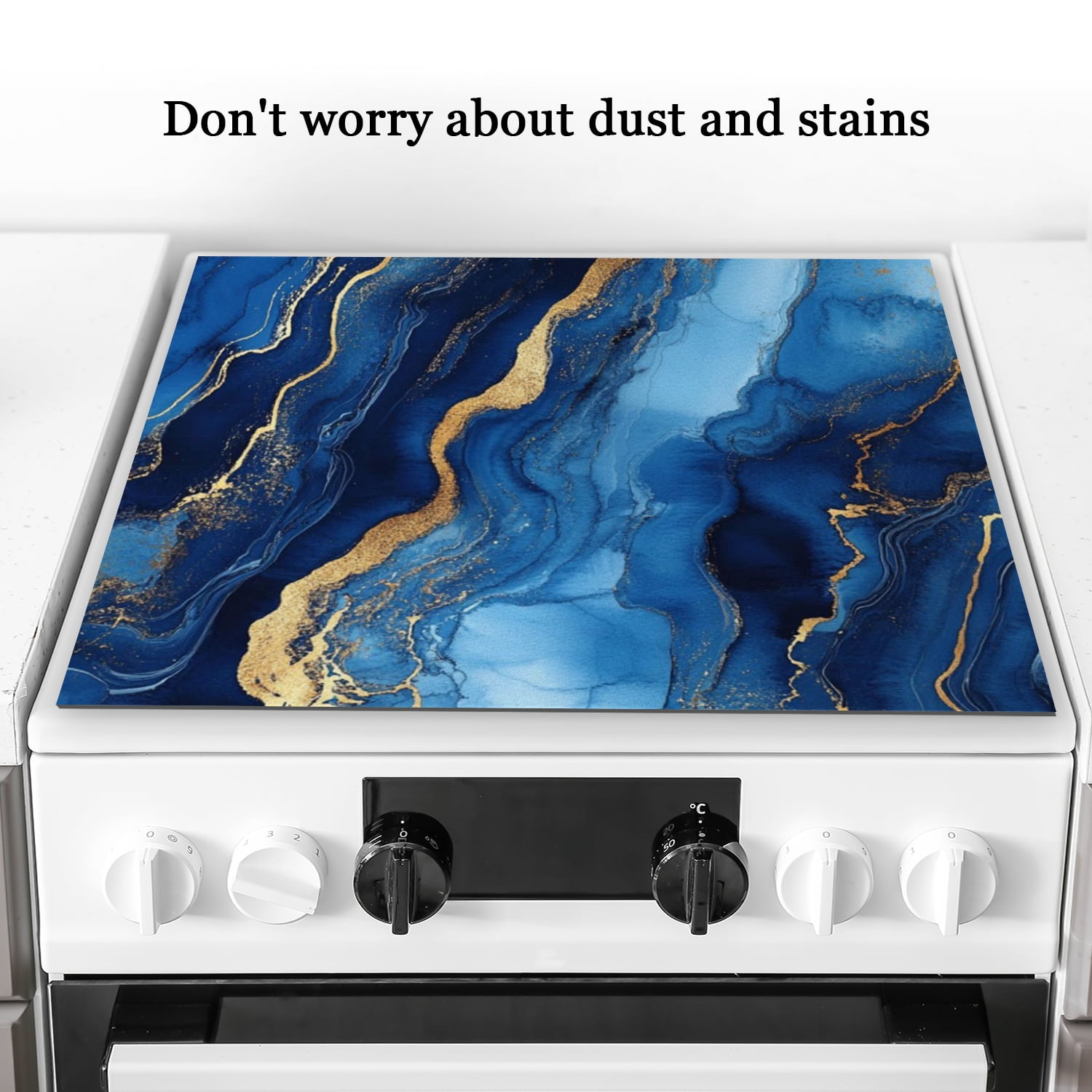 Electric Stove Top Covers, Blue and Gold Marble Print Glass Cooktop Cover Protector, Anti-Slip Heat Resistant Range Cooktop Cover Mat for Kitchen RV (28×20 Inch)