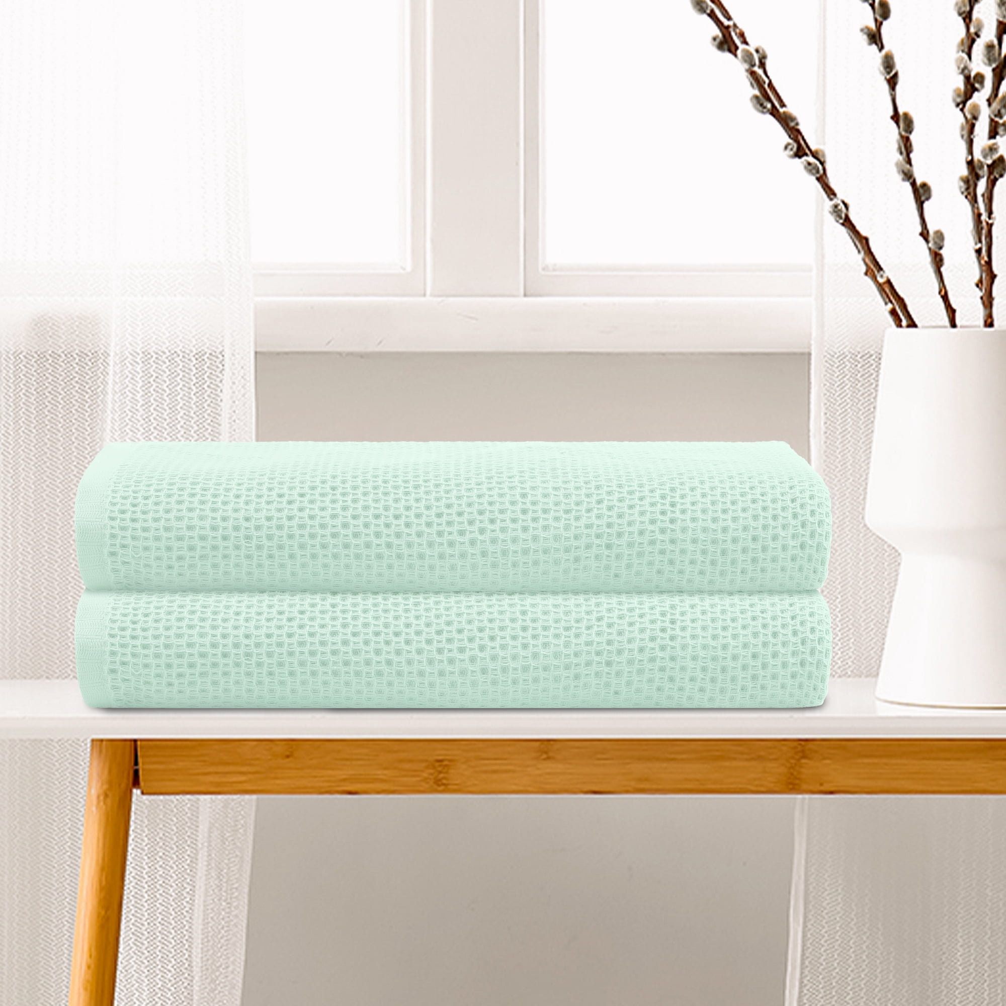 REGALWOVEN Waffle 2 Pack Cotton Bath Towel Set, Soft, Highly Absorbent, Quick Drying Towels for Bathroom Green 28" x 56"