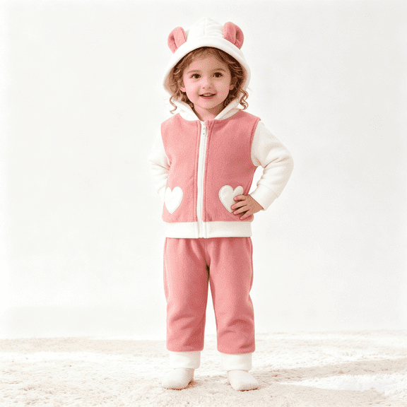 BCSIOAOI Girls 2 Piece Outfit,Hooded Bear Ear Heart Fleece Zip-Up Top and Pants Sets Pink 3-6 Months