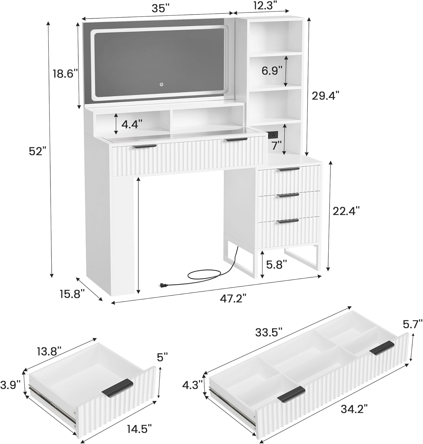 Large Fluted Vanity , Modern Style Makeup Vanity Desk with Lights and Mirrors for Bedroom (White)
