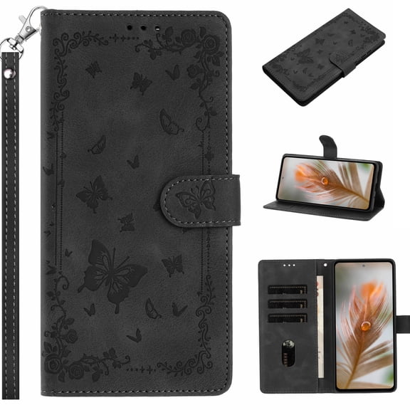 Poweltek Wallet Case for iPhone 13, Shockproof PU Leather Flip Cover with Card Holder Magnetic Butterfly Embossed Pattern Kickstand Protective Phone Cover, Black
