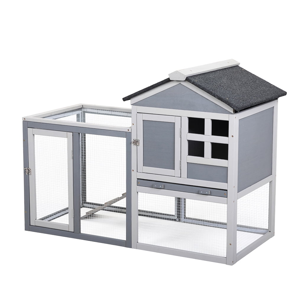 Kepooman 2 Tier Wooden Rabbit Cage, Chicken Coop, Small Animal Pet House, Flip Top Rabbit Cage, Gray