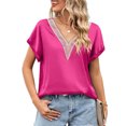 thumbnail image 1 of Top de manga corta con cuello en V y encaje satinado, elegante, transpirable, suelto, Top de verano para mujer para el trabajo, 1 of 6
