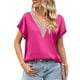 thumbnail image 1 of Top de manga de murciélago corta con cuello en V, ribete de encaje satinado, elegante, transpirable, suelto, Top de verano para mujer para el trabajo, rojo rosa S, 1 of 6
