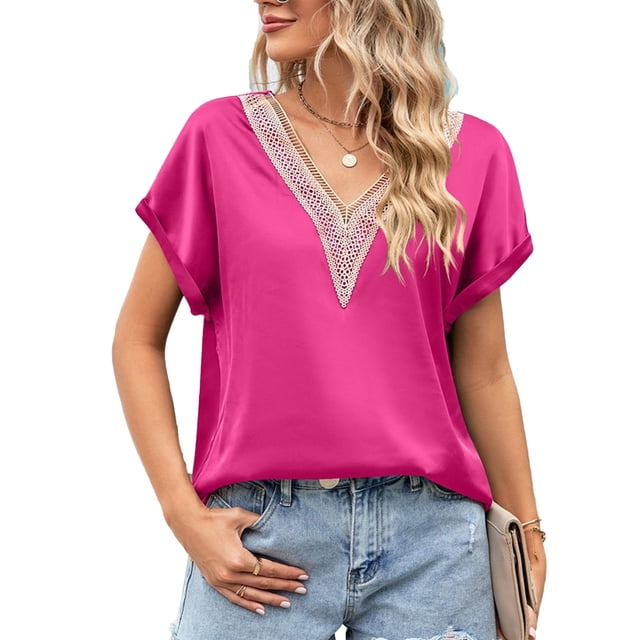 Top de manga corta con cuello en V y encaje satinado, elegante, transpirable, suelto, Top de verano para mujer para el trabajo