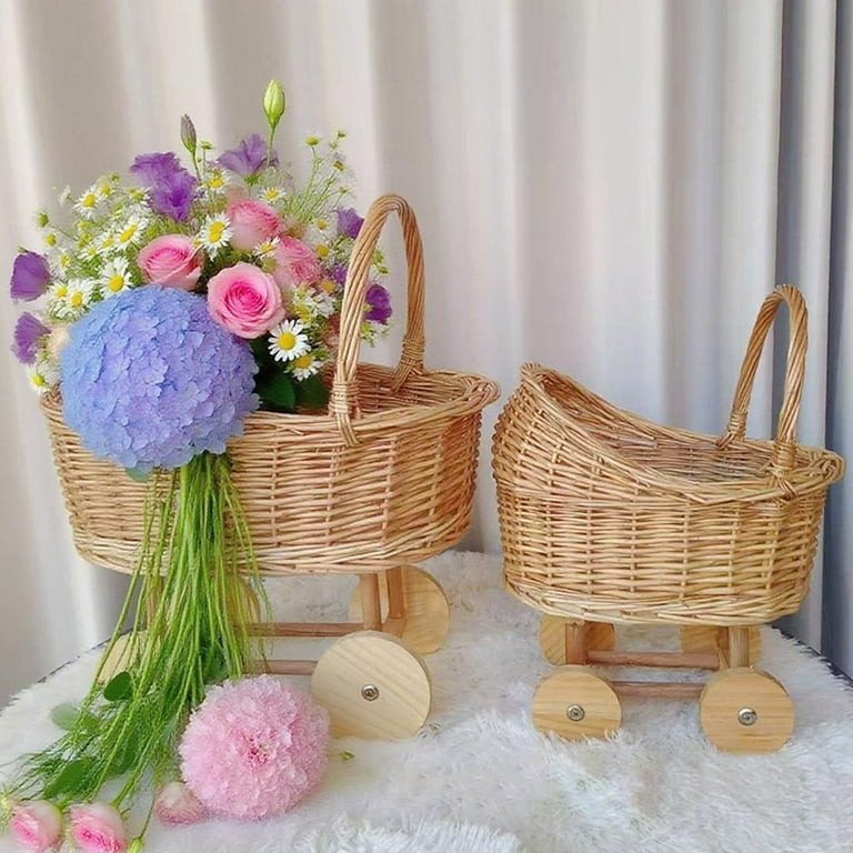 Woven Rattan Stroller Flower Basket with Handle,Vintage Wicker Baby Carriage,Rustic  Rattan Stroller Decor for Weddings, and Floral Arrangements, Decorative  Flower Girl Cart, Event Centerpiece Decor - Walmart.com