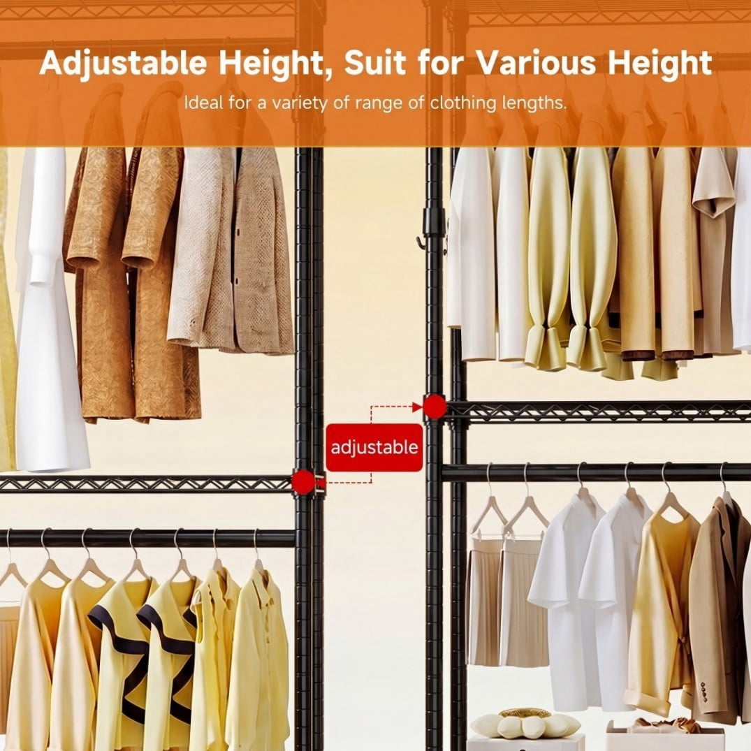 Heavy Duty Rolling Garment Rack, 3-Tier Adjustable Wire Shelving Clothes Rack with 2 Hanging Rods, Side Hooks & Lockable Wheels, Black