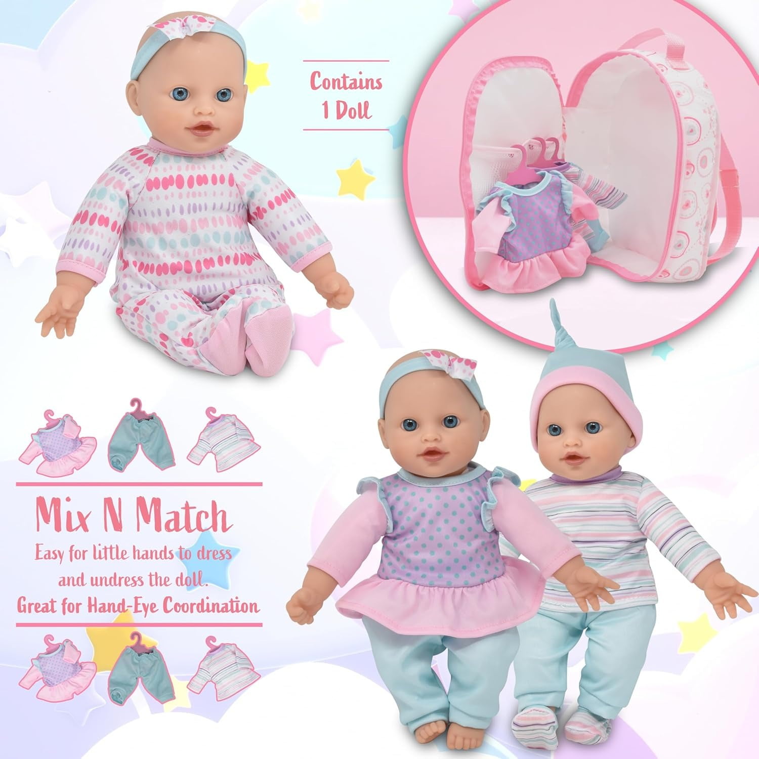 Gift Boutique 12-Inch Soft Body Baby Doll with Clothes, Backpack Carrier & Accessories for Toddlers and Kids