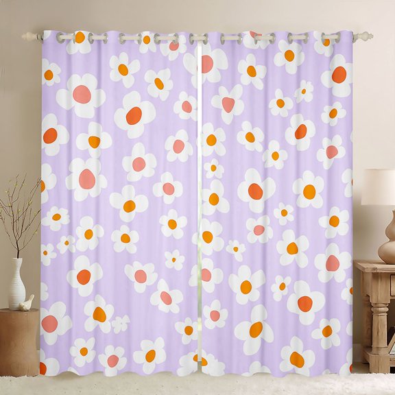 Homewish Purple Flower Kitchen Curtains,Cute Cartoon Themed Black Out Curtains Pack of 2 (42x63 Each)