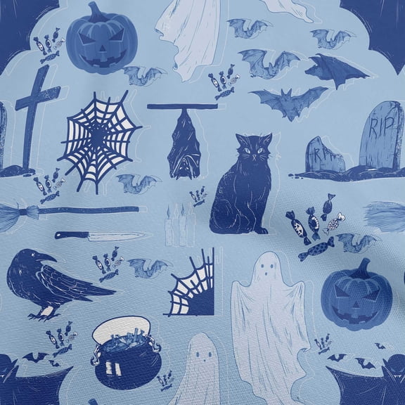 oneOone Rayon Blue Fabric Halloween Sewing Material Print Fabric By The Yard 56 Inch Wide