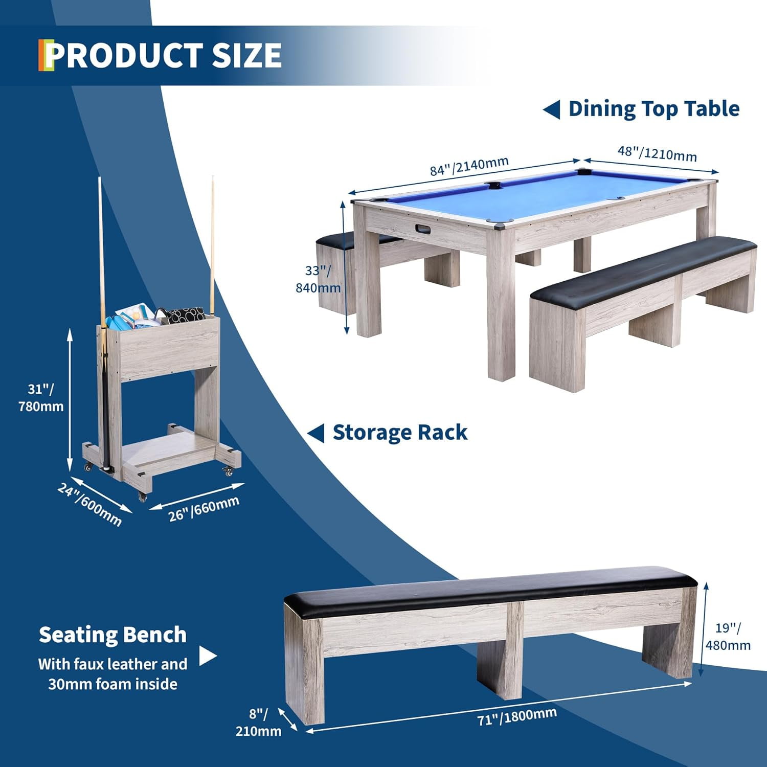 Acekid Pool Table 7FT 3-in-1 Dining Top Table Tennis Complete Set Cues Balls Ping Pong Paddles Net Rolling Storag