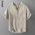 thumbnail image 3 of Camiseta de lino de manga corta de estilo chino de verano para hombre, holgada, fina, con cuello en V, estilo vintage, informal, de media manga, 3 of 4