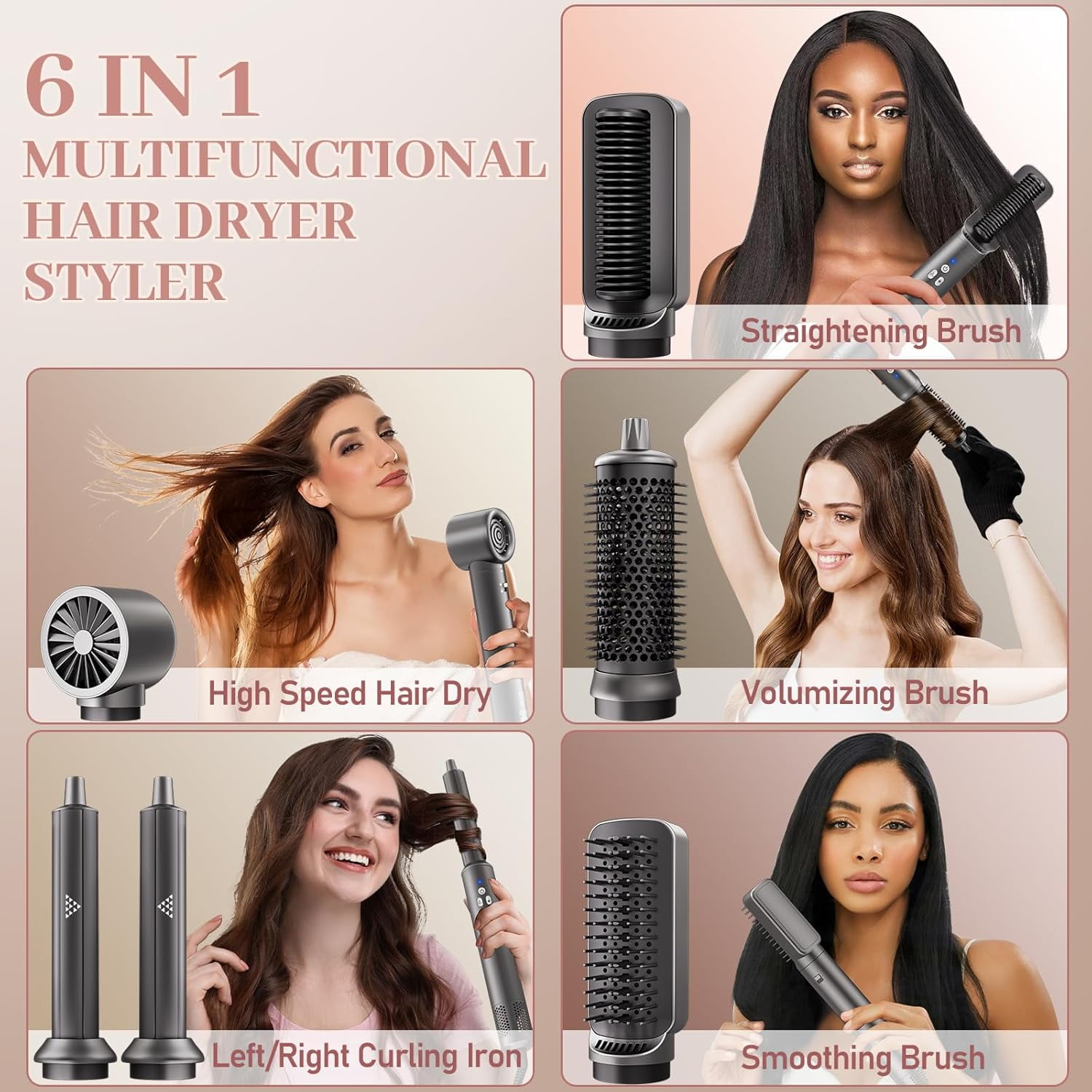 New 6 in 1 Air Styling & Drying System, Powerful High Speed Hair Dryer Brush & Multi-Styler with Auto Wrap Curlers,Hair Straightener Brush,Round Volumizing Brush,Soft Smoothing Brush
