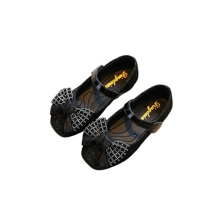 

Daeful Girls Mary Jane Ankle Strap Dress Shoes Comfort Flats Party Lightweight Magic Tape Bowknot Princess Shoe Black 12.5C