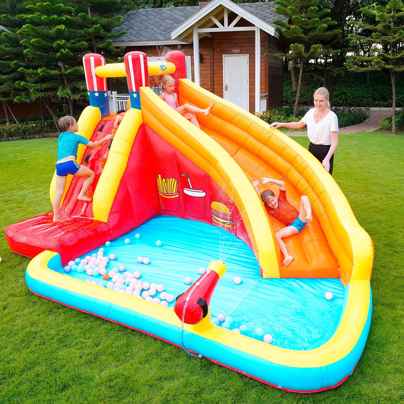 Inflatable Water Slide with Climbing Wall for Kids, Water Park with
