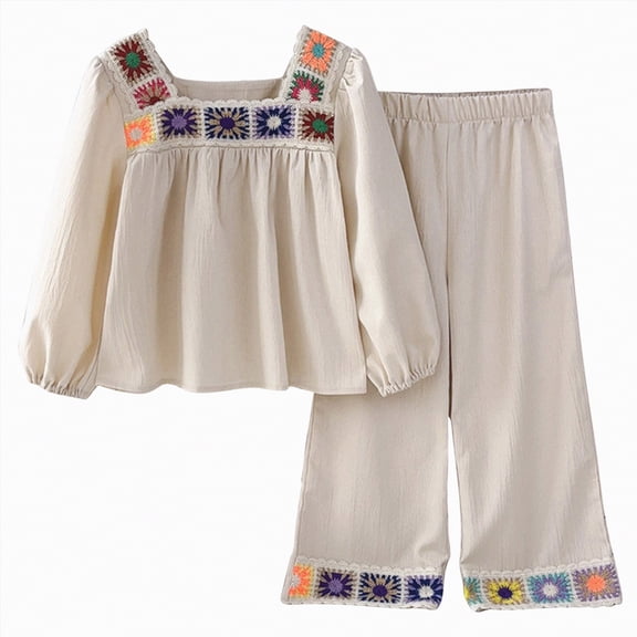 UngA Girl's 2 Piece Outfits Boho Floral Crochet Long Sleeve Top and Wide Leg Pants for Toddler Kids 3-4 Years,Beige