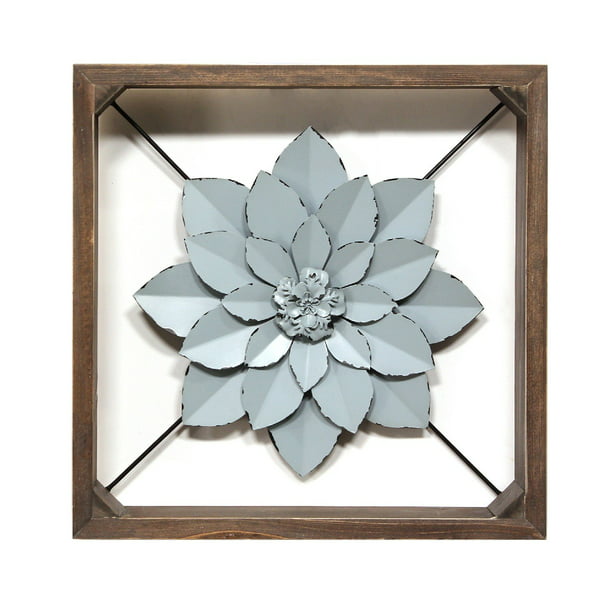 Stratton Home Decor Blue Framed Metal Flower Com - Stratton Home Decor Flower Metal And Wood Art Deco Wall
