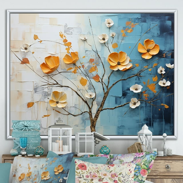 Designart Décoration Murale Encadrée Surdimensionnée de Prairie, art Mural Encadré de Prairie, composition de Sérénade de Prairie, art Mural Encadré Traditionnel Orange et Blanc, Cadre Blanc 20x12 Pouces