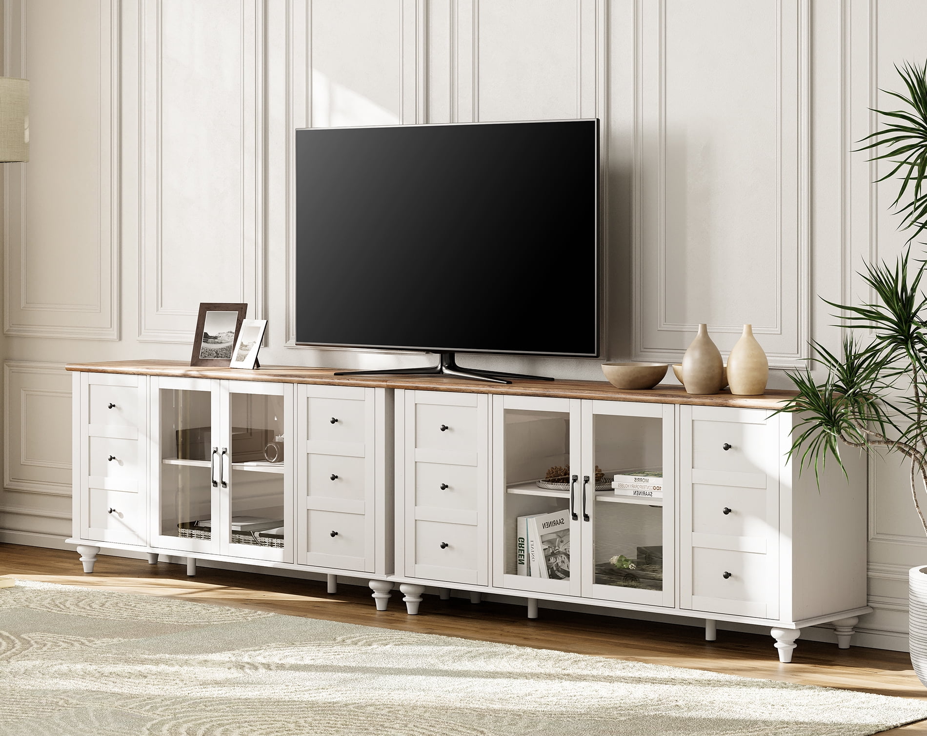 Glass Door TV Stand with Blue Light Farmhouse Modern TV Stand for TVs up to 110 inches,White Entertainment Center with 16 LED Light for Living Room