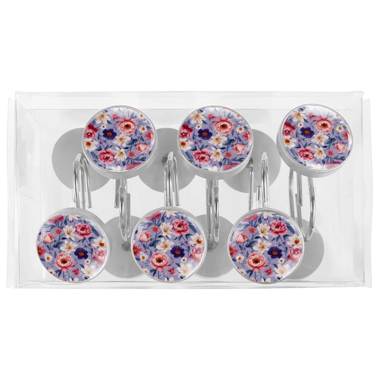 12pcs Decorative Shower Curtain Hooks, Rust Resistant Shower Rings for Bathroom Living Room,Rustproof Stainless Steel Rings for Shower Curtain and Liner Rods,Bohemia Style Flowers Purple