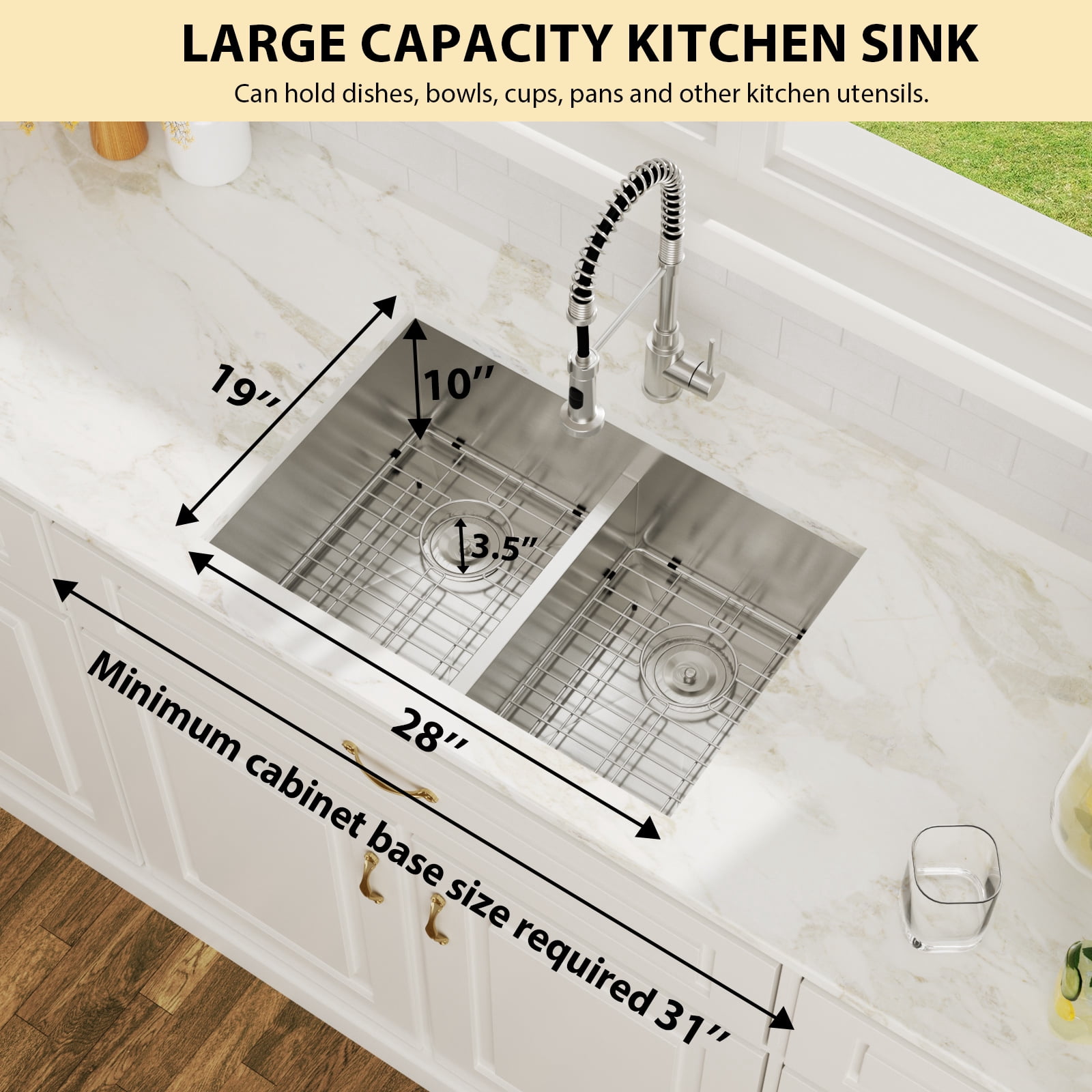 28 in. Undermount 50/50 Double Bowl 16 Gauge T304 Stainless Steel Low Divided Kitchen Sink with 2Pcs Bottom Grids/Drains