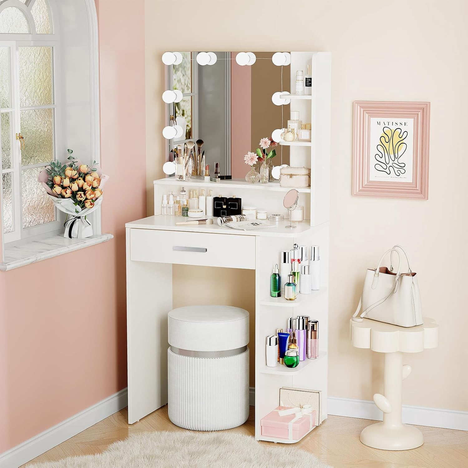 Vanity Desk with Mirror and Lights, Akaber 26.4" Makeup Vanity with Large Drawer, 6 Storage Levels, Small White Vanity Desk with Large LED Mirror