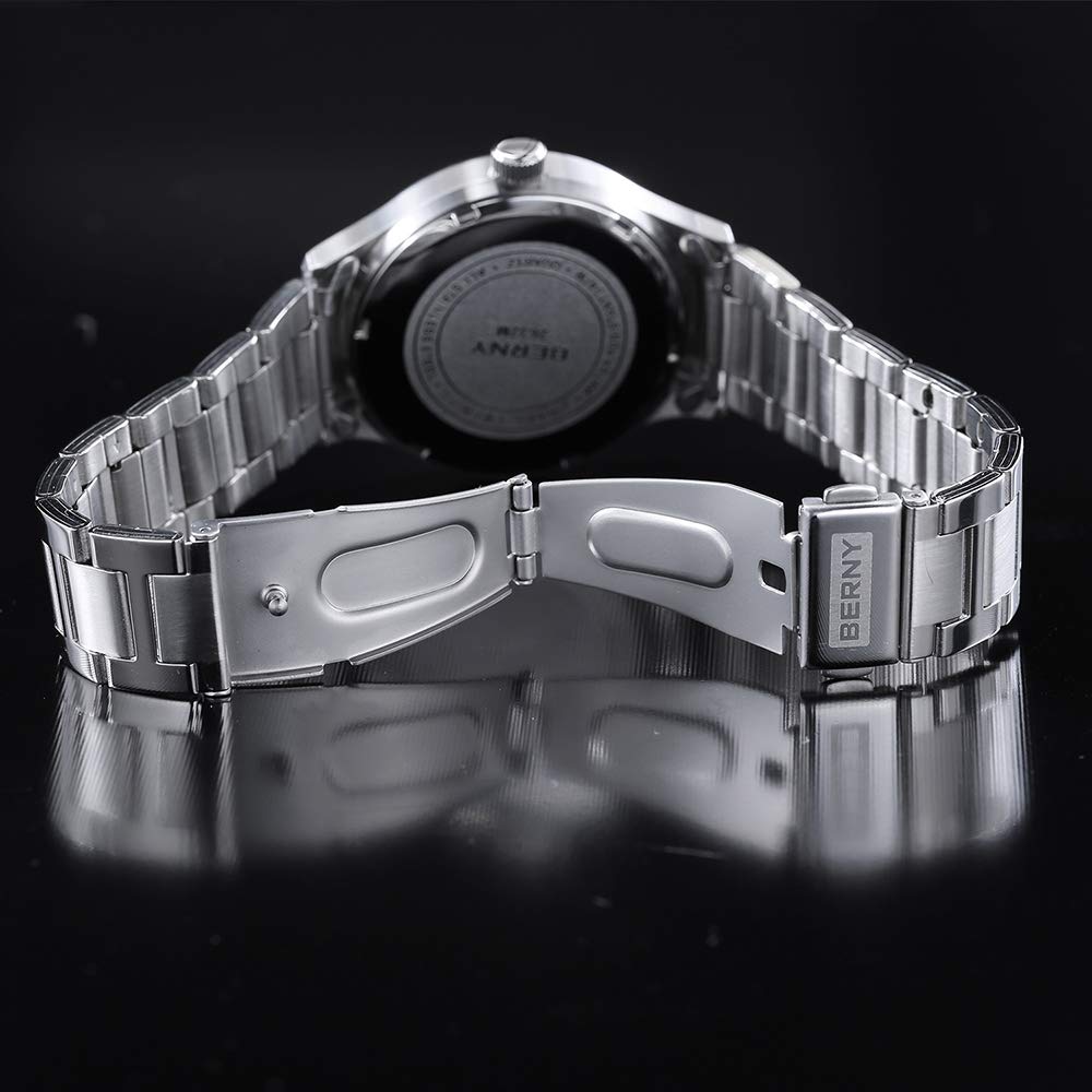 BERNY Silver Watch for Men, Fashion Easy to Read Quartz Analog Watch with Day & Date Calendar, Luminous, Stainless Steel, Waterproof, Business Dress Men's Wrist Watches (White)