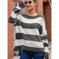 thumbnail image 3 of Women'S Striped Knitted Pullover Crew Neck Fall Winter Sweater Long Sleeve Color Block Jumper Grey XXL, 3 of 5