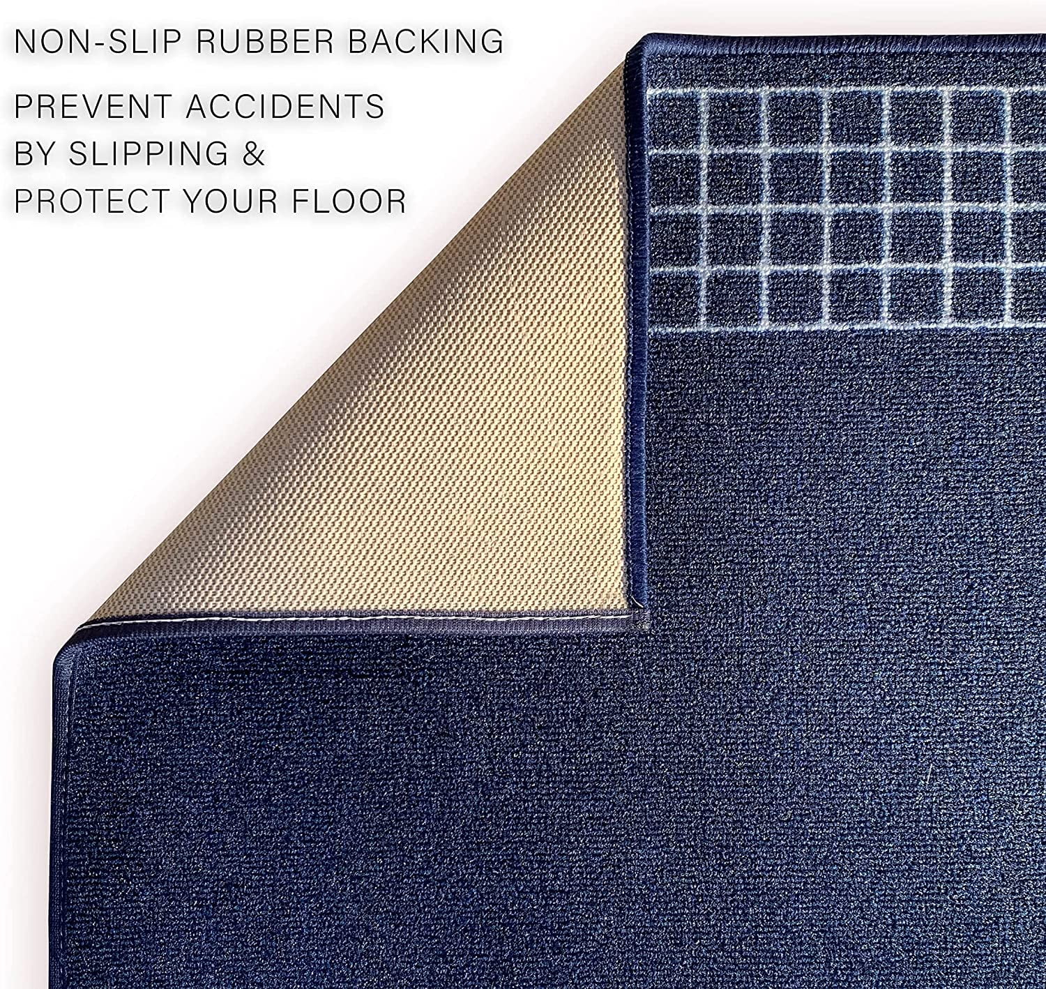 Runner Rug for Hallway Checkered Bordered Blue Color 26 Inch or 31 Inch Wide by Your Length Choice Slip Resistant Rubber Backing Stain Resistant Pile Stair Runner