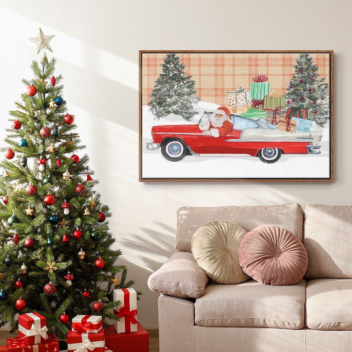 Santa on Wheels II - Framed Gallery Wrapped Holiday Canvas - 25 x 37 - Rosewood Frame