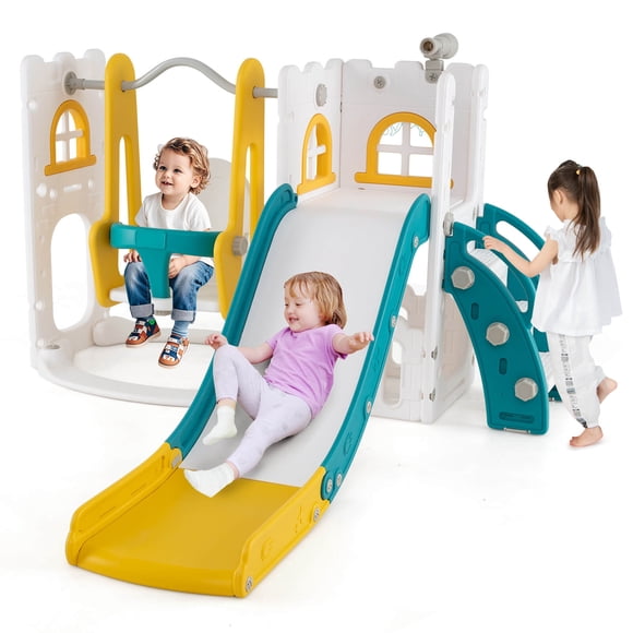 Costway 7-in-1 Toddler Slide & Swing Set Indoor Playground for Kids Age 1-3 Years Old Yellow+Green