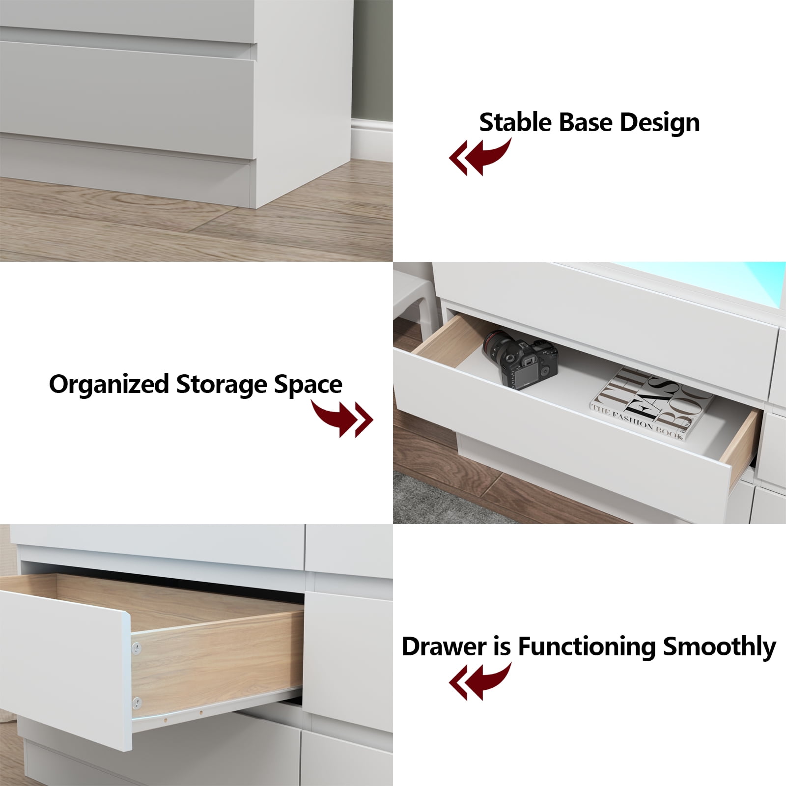 6-Drawer Double Dresser with Power Outlet and LED Light, Accent Chest of Drawers for Bedroom, Living Room – STIKELY