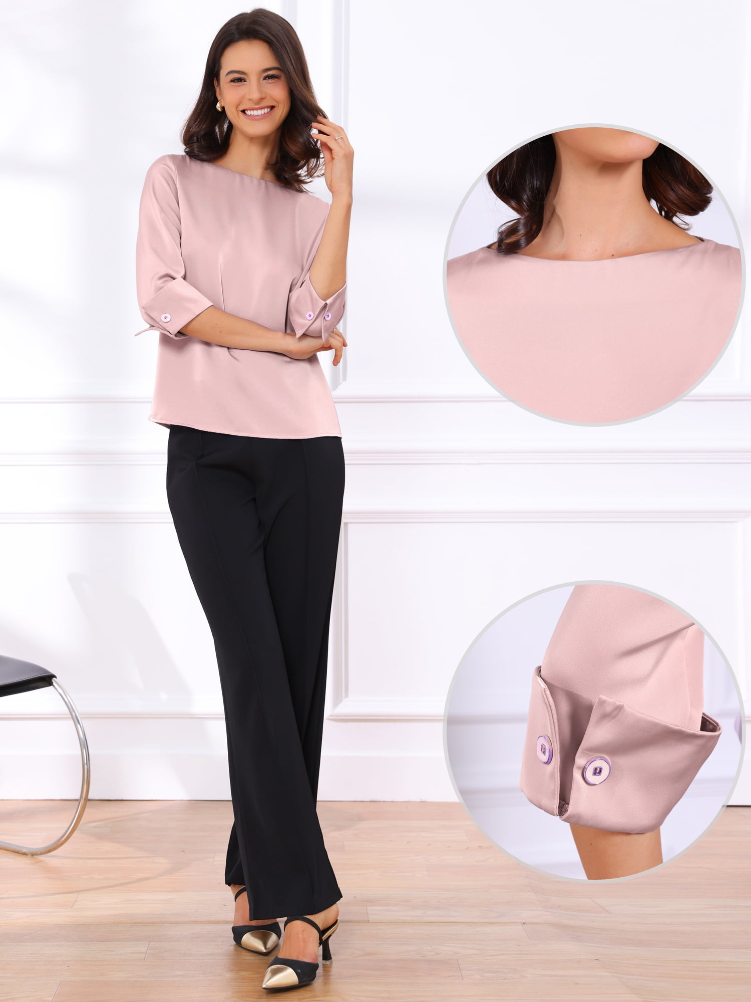 DARING DIVA Women's Satin Boat Neck 3/4 Sleeve Business Shirt XS Dusty Pink